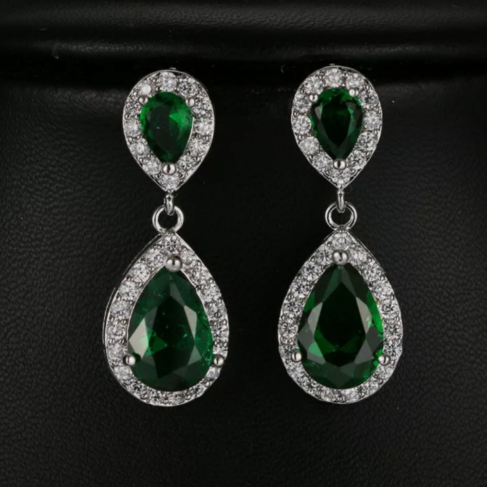 White Gold Plated Emerald Dangle Earrings